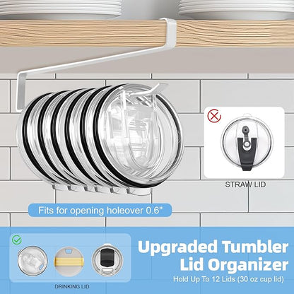 Tumbler Lid Organizer, 2 Pack for Yeti Lid Organizer, Space Saving Water Bottle Lid Holders, Tumbler Lid Holder Up to 12 Lids,No Drilling,Cup Lid Organizers for Kitchen Under Cabinet Storage (White) - Image 3