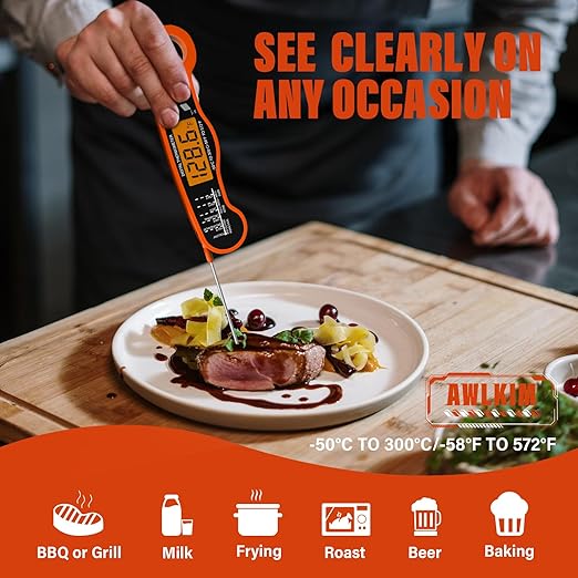 AWLKIM Digital Meat Thermometer with Doneness Chart, 2-Sec Instant Read Food Thermometer for Cooking, Grilling, Oven, Air Fryer - Waterproof Backlit Magnetic Flip Probe, Gift for Men, Dad - Orange - Image 5