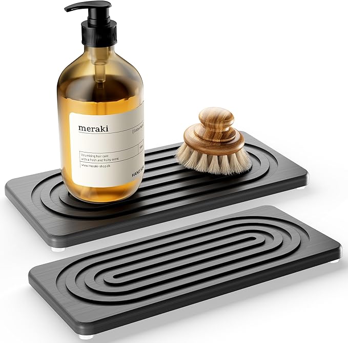 Water Absorbing Stone Tray, Quick Drying Diatomite Bathroom Tray Countertop, Stone Drying Mat for Kitchen Counter, Soap Dish Dispenser Vanity Organizer, Dark Grey-A-8.3" x 4" by MAGKOTA