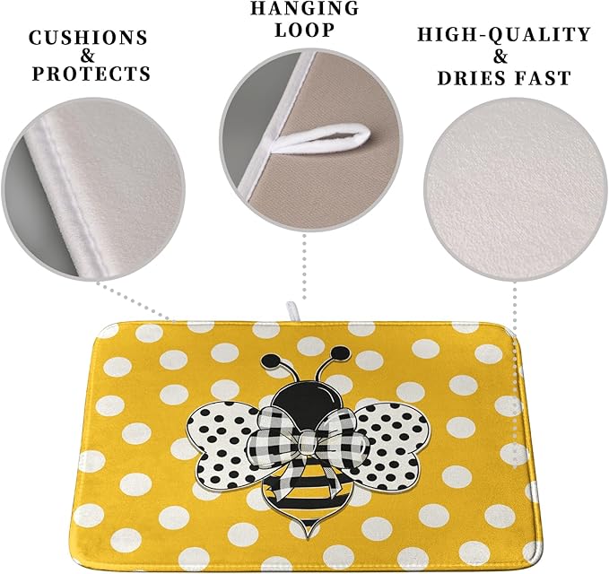 Bee Dish Drying Mat for Kitchen Counter 16x18 Inch Yellow Honey Bees Polka Dots Dishes Pad Cute Bumblebee Dish Draining Microfiber Absorbent Dish Drainer Rack Mat Medium Kitchen Accessories - Image 3