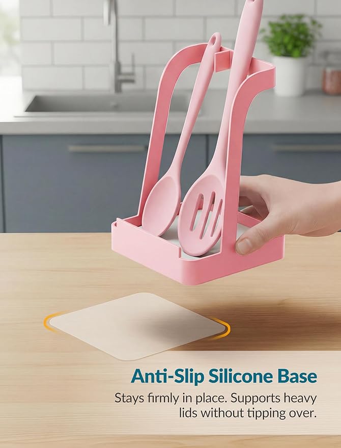 NiHome Kitchen Utensil Holder for Pot Lids & Spoons Pink Kitchen Accessories with White Diatomite Drip Tray, Non-Slip Base, Metal Cooking Spoon Rest, 3.9"x3.9"x6" Countertop Organizer (Pink) - Image 4