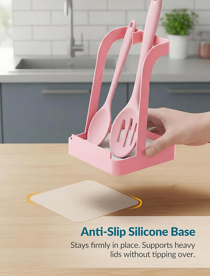 NiHome Kitchen Utensil Holder for Pot Lids & Spoons Pink Kitchen Accessories with White Diatomite Drip Tray, Non-Slip Base, Metal Cooking Spoon Rest, 3.9"x3.9"x6" Countertop Organizer (Pink) - Image 4