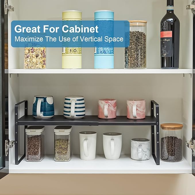 Set of 2 Expandable Cabinet Shelf Organizer, Stackable Kitchen Countertop Shelves Spice Racks, Small Metal Storage Shelf For Cupboard Counter Tabletop, 30 LBS Heavy Duty, Adjustable, 13.8" to 21.6" - Image 3