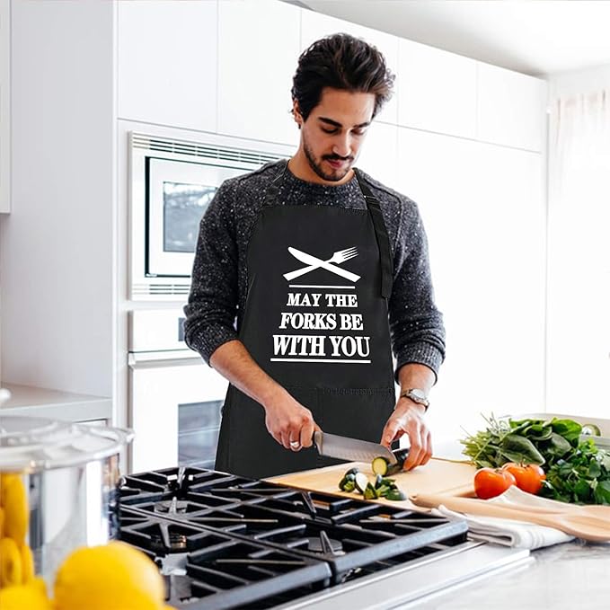 Rosoz Funny BBQ Black Chef Aprons for Men, May the Forks be with You Adjustable Kitchen Cooking Aprons with Pocket Waterproof Oil Proof Father’s Day/Birthday