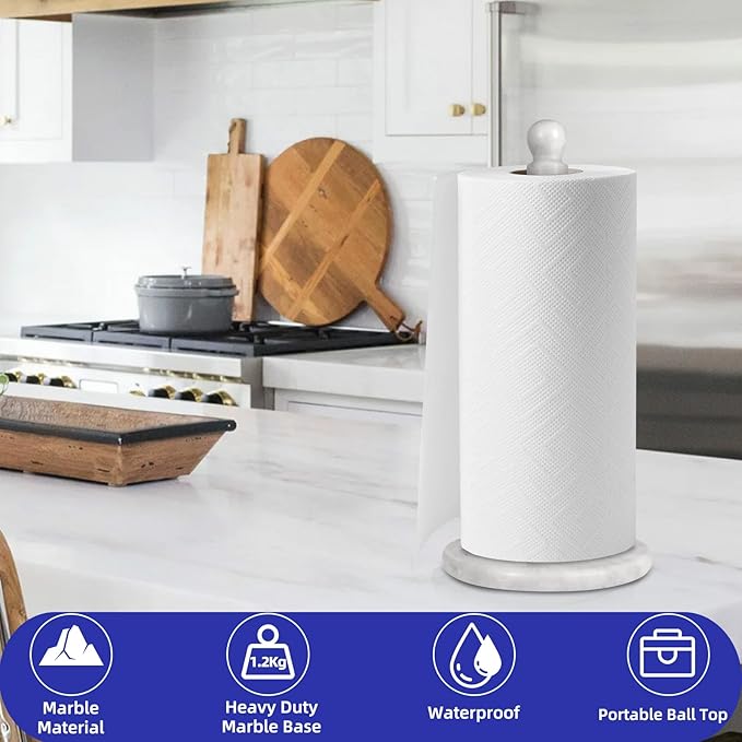Natural Marble Paper Towel Holder for Kitchen Countertop - 2.6 lbs (1.2kg) Heavy Duty Weighted Base for One-Handed Tearing - Fits Jumbo Rolls - Elegant Modern Design with Ball Top - White & Grey