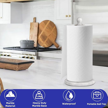 Natural Marble Paper Towel Holder for Kitchen Countertop - 2.6 lbs (1.2kg) Heavy Duty Weighted Base for One-Handed Tearing - Fits Jumbo Rolls - Elegant Modern Design with Ball Top - White & Grey