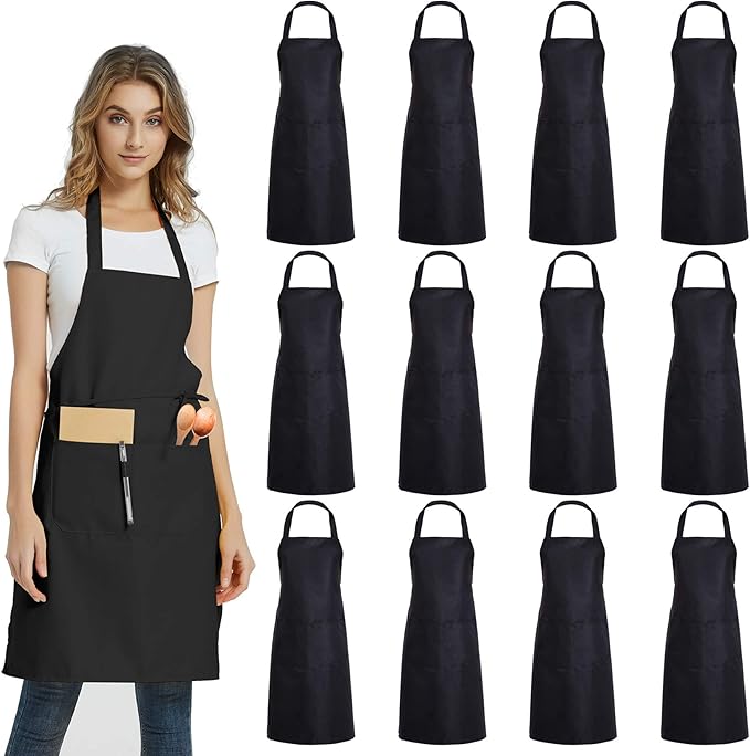 DUSKCOVE 12 Pack Plain Bib Aprons with 2 Pockets - Black Unisex Commercial Apron Bulk for Kitchen Cooking Restaurant BBQ Painting Crafting by DUSKCOVE