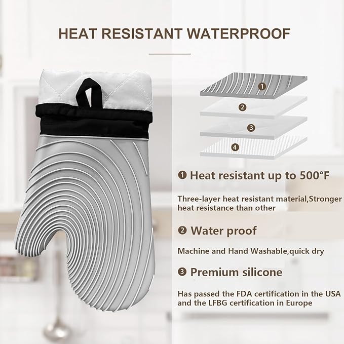 Silicone Oven Mitts-13.6 in Extended Oven Mitts Heat Resistant 500F, Oven Gloves with Soft Liner Good Grippy BPA-Free Easy to Clean Flexible-Oven Mits Set for Cooking Baking Grilling BBQ - Image 3