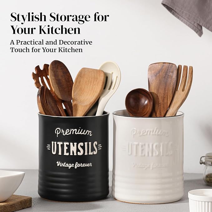 DOWAN 7.2″ Extra Large Utensil Holder, Farmhouse Utensil Holder for Kitchen Counter, Ceramic Utensil Crock with Protection Cork Mat, Utensil Storage for Kitchen Decor & Housewarming Gift, Matte Black - Image 7