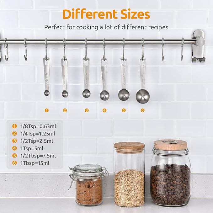 Measuring Spoons: U-Taste 18/8 Stainless Steel Measuring Spoons Set of 6 Piece: 1/8 tsp, 1/4 tsp, 1/2 tsp, 1 tsp, 1/2 tbsp & 1 tbsp Dry and Liquid Ingredients - Image 2
