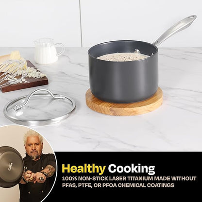 Guy Fieri's Flavortown Laser Titanium 2-Quart Sauce Pan with Lid - Non-stick Cookware Without PFAS, PTFE, or PFOA, 3x More Durable, Dishwasher Safe, Oven Safe