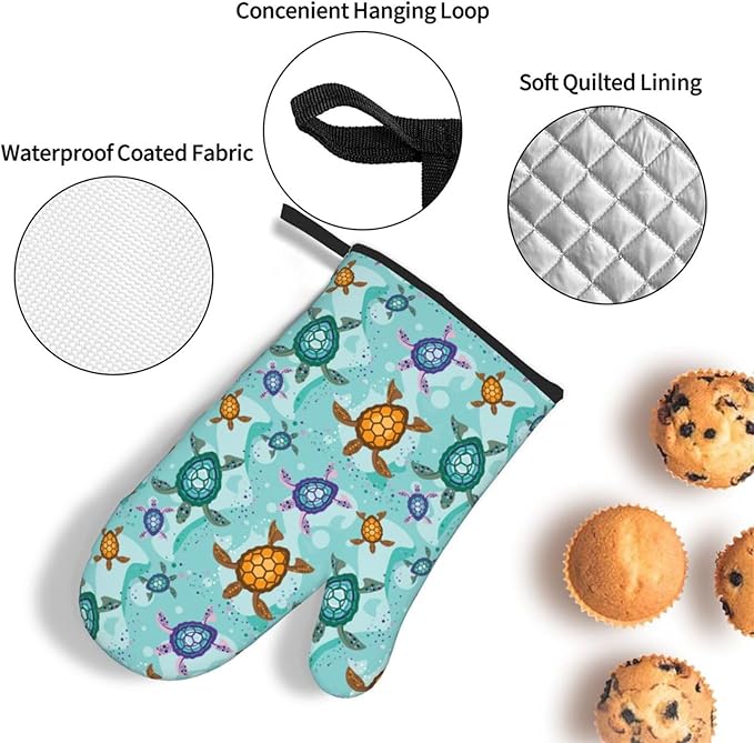 Cute Sea Turtle Beach Oven Mitts and Pot Holders Set Ocean Themed Decorative Heat Resistant Microwave Oven Gloves for BBQ Baking Grilling Cooks Kitchen Decor 3 Piece - Image 5