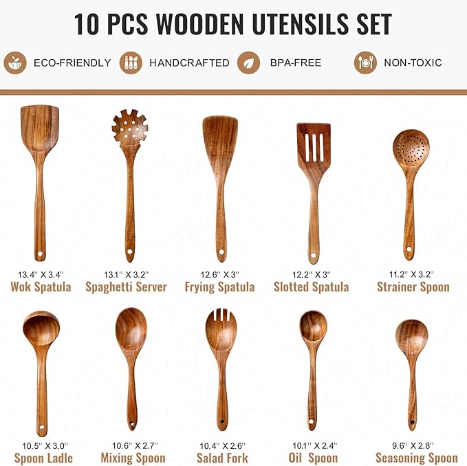 Terlulu 10 Pcs Wooden Spoons for Cooking, Natural Teak Wooden Kitchen Utensils Set, Durable Cooking Utensils Set with Comfort Grip for Cookware, Smooth Finish&NonStick& Heat Resistant Wooden Spatula - Image 2