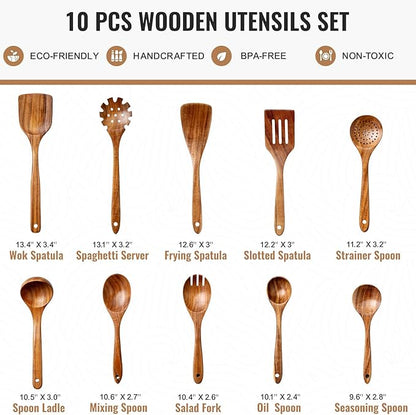 Terlulu 10 Pcs Wooden Spoons for Cooking, Natural Teak Wooden Kitchen Utensils Set, Durable Cooking Utensils Set with Comfort Grip for Cookware, Smooth Finish&NonStick& Heat Resistant Wooden Spatula - Image 2