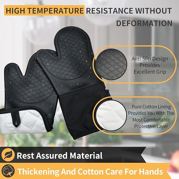 Oven Glove Cute,Cooking Mittens,Oven Mittens for Kitchen,Oven Gloves for Kitchen,Washable Silicone Oven Mitts Heat Resistant 500°F, Potholders for Kitchens Cooking Baking(Black - Image 5