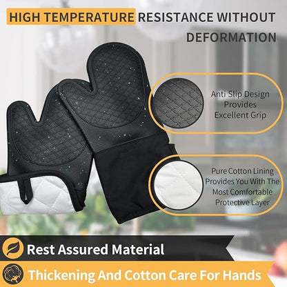 Oven Glove Cute,Cooking Mittens,Oven Mittens for Kitchen,Oven Gloves for Kitchen,Washable Silicone Oven Mitts Heat Resistant 500°F, Potholders for Kitchens Cooking Baking(Black - Image 5