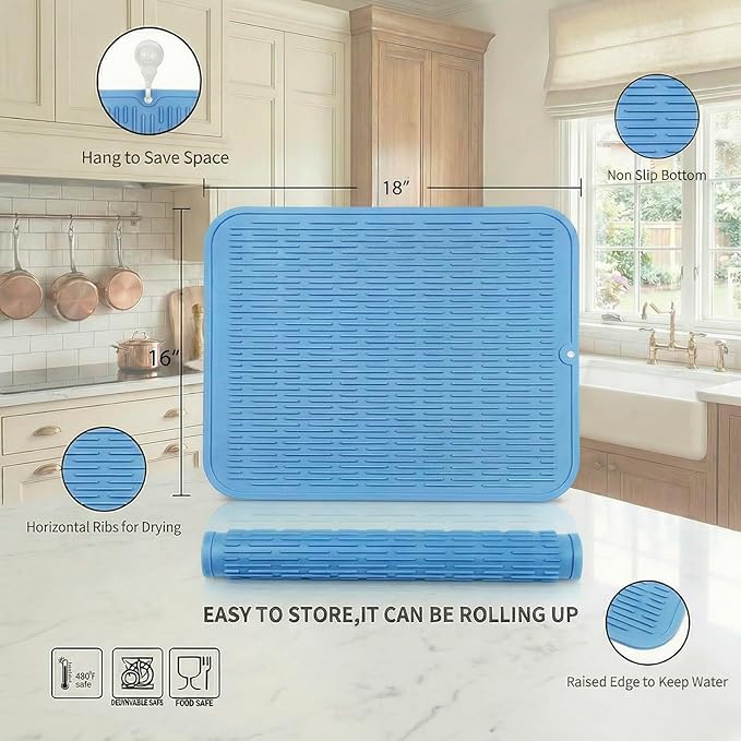 MicoYang Silicone Dish Drying Mat for Multiple Usage,Easy clean,Eco-friendly,Heat-resistant Silicone Mat for Kitchen Counter or Sink,Refrigerator or Drawer Liner Light Blue XL 18 inches x 16 inches - Image 2