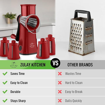 Zulay Kitchen Rotary Cheese Grater 5 Blade Cheese Shredder - Manual Hand Crank Cheese Grater With Reinforced Suction & 5 Interchangeable Drums - Easy to Use, Vegetable Chopper Round Mandoline Slicer - Image 2
