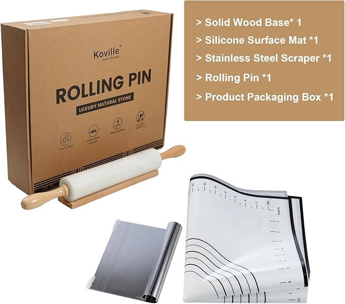 Koville African Natural Marble Rolling Pin, Non-Stick Polished Dough Roller, Pasta, Dumpling, Fondant, Pie Crust, Bread, Pizza Dough, Kitchen Baking Pastry Tools with Mat/Scraper（Namib Fantasy） - Image 8