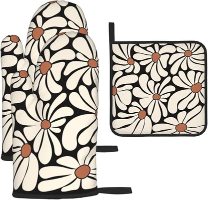 Boho Floral Pot Holders and Oven Mitts Set, Cute Black and Beige Kitchen Mitts for Oven,Non Slip Heat-Resistant Vintage Baking Gloves Hot Pads, Baking Gifts for Women