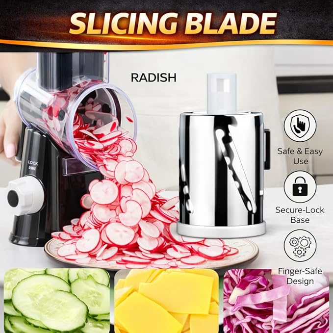 Manual Rotary Cheese Grater for Kitchen, Vegetable Slicer, 3-in-1 Hand Crank Food Shredder for Cheese, Vegetables & Nuts, Stainless Steel Blades, Strong Suction Base, BPA-Free - Image 7