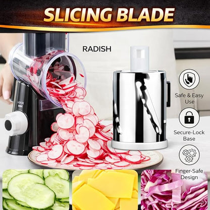 Manual Rotary Cheese Grater for Kitchen, Vegetable Slicer, 3-in-1 Hand Crank Food Shredder for Cheese, Vegetables & Nuts, Stainless Steel Blades, Strong Suction Base, BPA-Free - Image 7