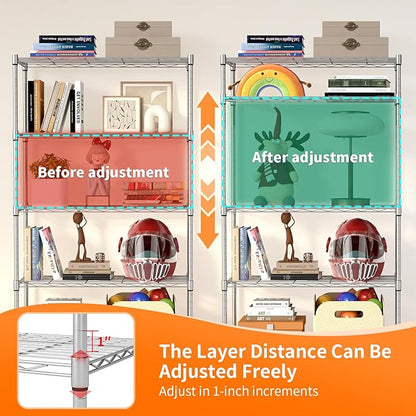 BestOffice | 5-Tier Wire Storage Shelves with Wheels | 14 x 30 x 61 | Chrome | with Adjustable Racks | Heavy-Duty Metal Shelf, Holds Upto 1250 lbs | No-Tool Assembly | Ideal for Home & Garage Shelving