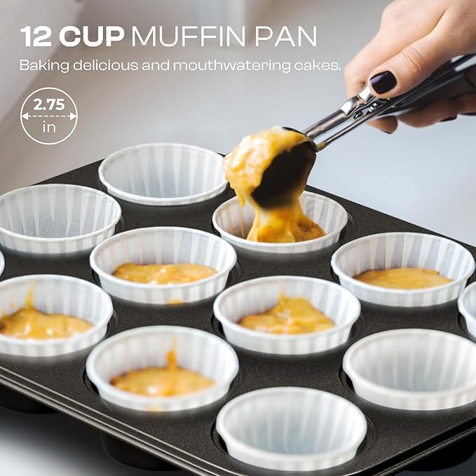 12-Piece Nonstick Bakeware Set, Stackable Non Toxic Baking Pans Set with Rack & Kitchen Utensils, Cookie Sheets Set, Cake Pan, Muffin Pan, Loaf Pan, Roasting Pan, Black - Image 6
