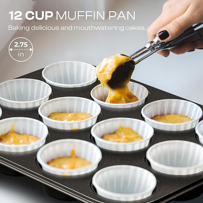 12-Piece Nonstick Bakeware Set, Stackable Non Toxic Baking Pans Set with Rack & Kitchen Utensils, Cookie Sheets Set, Cake Pan, Muffin Pan, Loaf Pan, Roasting Pan, Black - Image 6