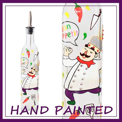 17oz Hand Painted Glass Olive Oil Bottle - 500ml Green Oil & Vinegar Cruet with Pourers and Funnel - Olive Oil Carafe Decanter for Kitchen (chef)