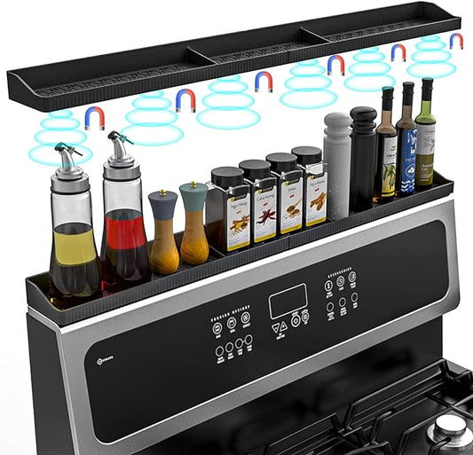Foeacry Magnetic Stove Top Shelf 30 Inch - Heat Resistant Silicone Over the Stove Shelf Spice Rack Organizer - 3 Functional Partitions Kitchen Organization and Storage for Spices, Oils & Gadgets by Foeacry