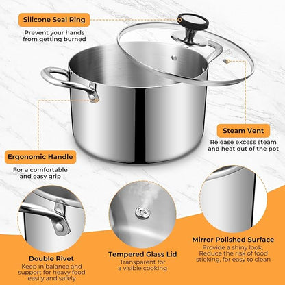 Tri-Ply Stainless Steel Stock Pot, 6.5 Quart Heavy Duty Induction Cooking Pot with Visible Lid for Pasta, Soup, Spaghetti, Sturdy & Double Handle, Dishwasher Safe - Image 4