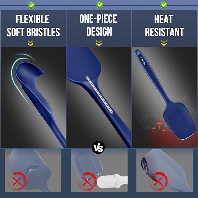 Walfos Silicone Spatula Set (5pcs) - 600℉ High Heat Resistant Kitchen Spoon Navy Blue Spatulas for Cooking Mixing & Baking, Strong Steel Core and One-Pieces Seamless Design, BPA Free Dishwasher Safe - Image 6