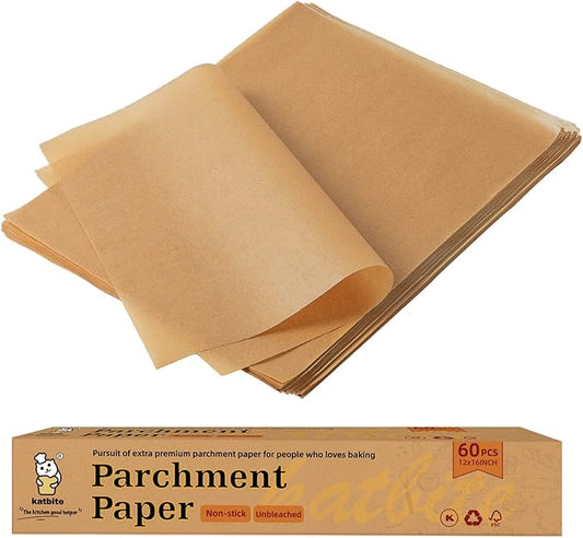 Katbite 12x16 Inch Parchment Paper Sheets, Pre cut Unbleached Baking Paper, Heavy Duty & Non-stick for Half Sheet Baking, Cooking, Grilling Wrapping Foods by katbite