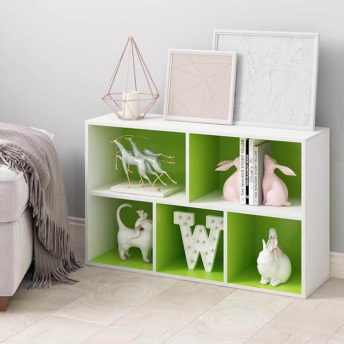 Furinno LUDER Book Shelf, 5-Cube Bookshelf, Reversible Bookcase, 9.4 x 19.5 x 31.5, Easy Assembly, for Living Room, Bedroom, Home Office, White/Green - Image 2