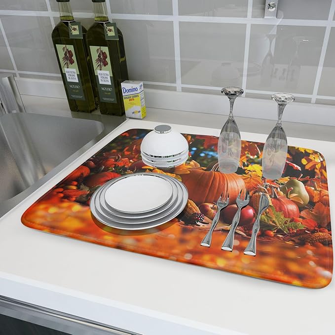 Fall Harvest Pumpkin Dish Drying Mat for Kitchen Counter,Thanksgiving Maple Leaves Sunflower Drying Mat 18 x 24 Inch with Absorbent Reversible Microfiber Dish Drying Pad for Coffee Bar - Image 6