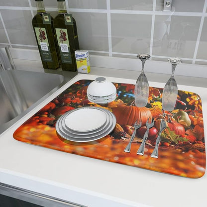 Fall Harvest Pumpkin Dish Drying Mat for Kitchen Counter,Thanksgiving Maple Leaves Sunflower Drying Mat 18 x 24 Inch with Absorbent Reversible Microfiber Dish Drying Pad for Coffee Bar - Image 6