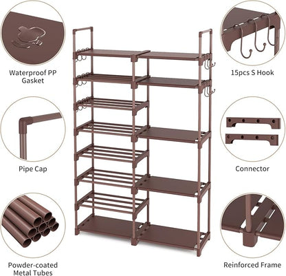 ROJASOP Shoe Rack Organizer, 8-Tier Metal Shoe Rack for Closet Entryway Garage, 26-32 Pairs Tall Shoe Boot Storage Shelf with 15 Hooks, Stackable Large Shoe Stand, Brown - Image 5