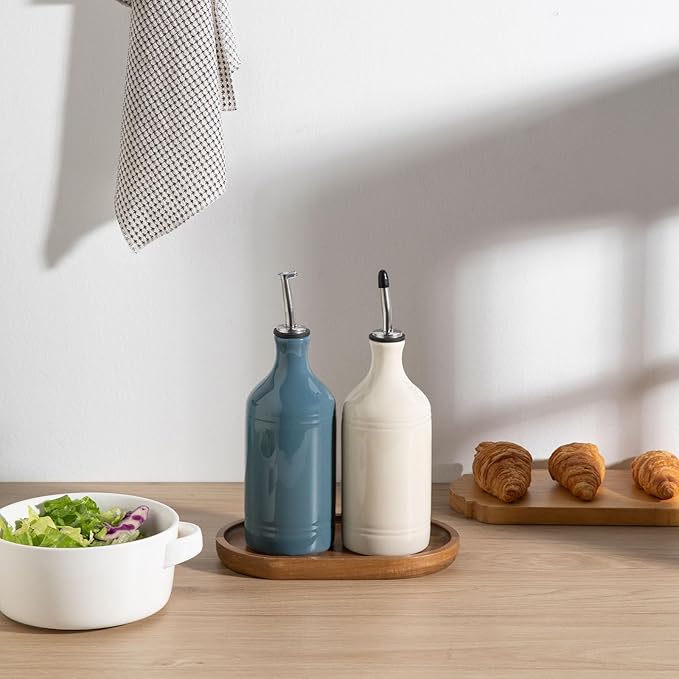 Sweejar Ceramic Olive Oil Dispenser Bottle Set, Opaque Oil Cruet Protects to Reduce Oxidation, Suitable For Storage Of Vinegar, Soy Sauce & Other Liquids,Pack of 2,15.5 Fl Oz (Beige Fogblue) - Image 5