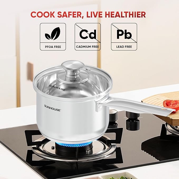SUNHOUSE – 1.5 Quart Stainless Steel Sauce Pan with Lid - PFOA-FREE, Stainless Steel Sauce Pan, Induction base, Stay-Cool Handle, Compatible with All Cooktops Gas, Geramic, Electric etc. - Image 6