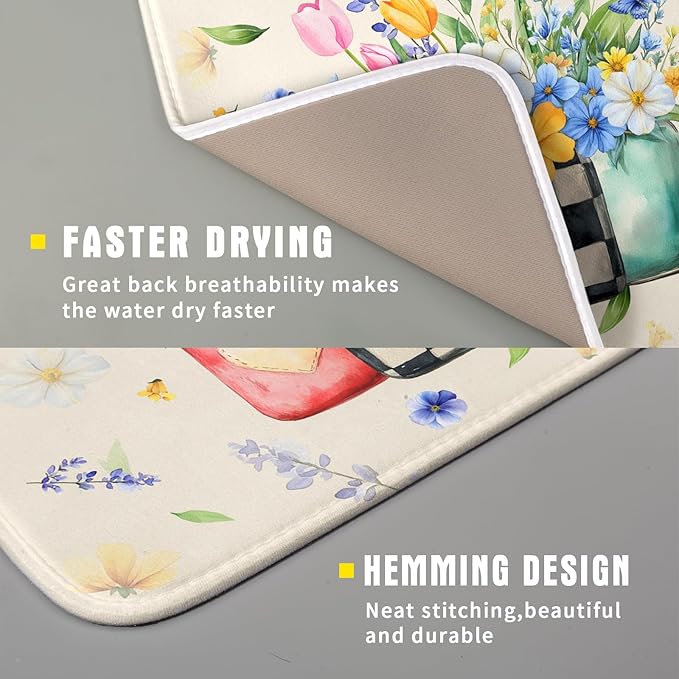 Giwawa Spring Flower Vases Dish Drying Mat for Countertop, 16"x18" Watercolor Floral Mason Jar Dish Drainer Mats, Wildflower Botanical Fast Dry Microfiber Small Dish Drying Pad Decoration