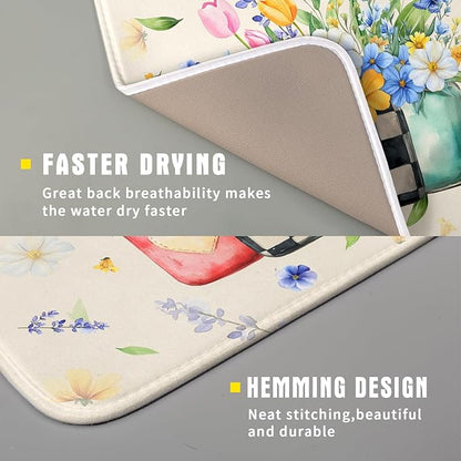 Giwawa Spring Flower Vases Dish Drying Mat for Countertop, 16"x18" Watercolor Floral Mason Jar Dish Drainer Mats, Wildflower Botanical Fast Dry Microfiber Small Dish Drying Pad Decoration