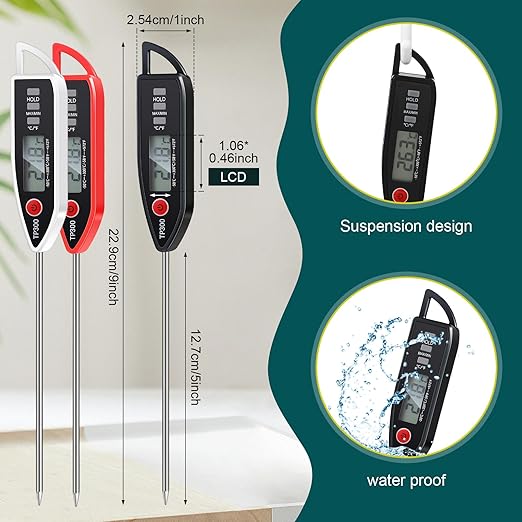 Copkim 3 Pcs Instant Read Meat Thermometer with Long Probe 9.65 Inch Kitchen Cooking Food Candy Waterproof Digital Thermometer for BBQ Water Milk Yogurt Liquid (Pointed,Black,White,Red) - Image 2