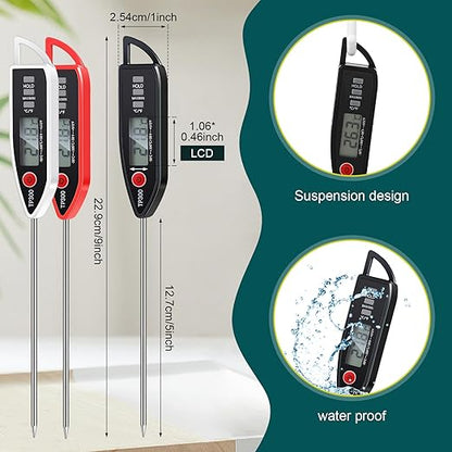Copkim 3 Pcs Instant Read Meat Thermometer with Long Probe 9.65 Inch Kitchen Cooking Food Candy Waterproof Digital Thermometer for BBQ Water Milk Yogurt Liquid (Pointed,Black,White,Red) - Image 2