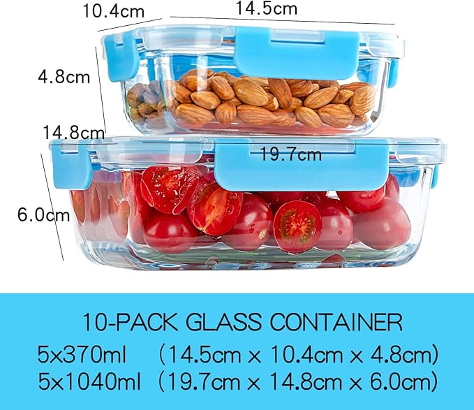 C CREST Glass Meal Prep Containers, [10 Pack] Glass Food Storage Containers with Lids, Airtight Bento Boxes, BPA Free & Leak Proof (10 Lids & 10 Containers) - Image 3