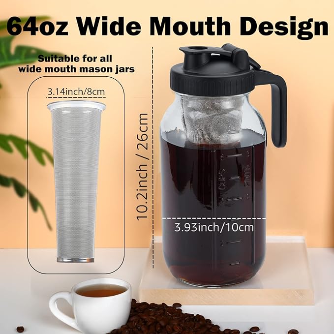 Cold Brew Mason Coffee Maker - 64oz Iced Coffee Pitcher with Stainless Steel Mixing Spoon & Super Dense Filter 3 Steps Finish Cold Brew Coffee, Classic BPA Free Sturdy Mason jar Pitcher Easy to Clean - Image 2