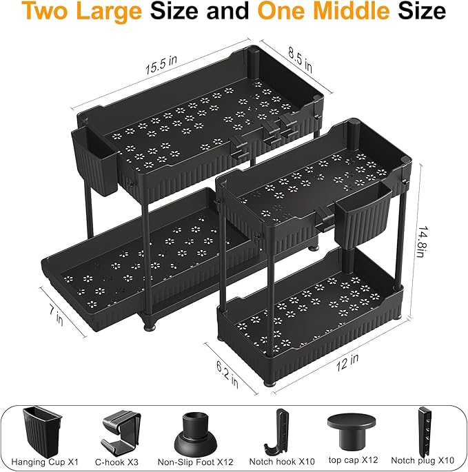 Sevenblue 3 Pack Under Sink Organizers, 2-Tier Multi-Use Kitchen and Bathroom Organizers and Storage with Sliding Drawers, Bathroom Cabinet Organizer (Black, 14.8 Inch) - Image 2