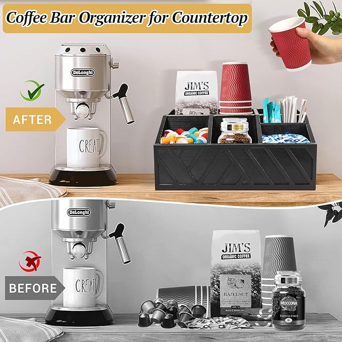 ugiftt Coffee Station Organizer for Counter, Wood Coffee Pods Holder Storage Basket, Tea Condiment Storage Organizer, Rustic Bar Decor for Accessories Organizer - Image 6