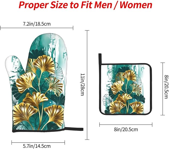 Teal Gold Green Leaves Oven Mitts and Pot Holders Set Heat Resistant Non Slip Set of 3 Decorative Kitchen Gloves Hot Pads for Cooking BBQ Baking Grilling - Image 4
