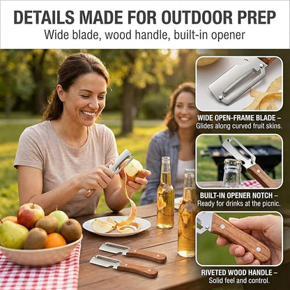2026 NEW 2PCS Multi-Functional Vegetable Peelers for Kitchen, Wooden Handle Potato Peeler Hand Tool with Stainless Steel Blade, 2-in-1 Bottle Opener Fruit Peeler for Potato, Apple, Carrot, Mango